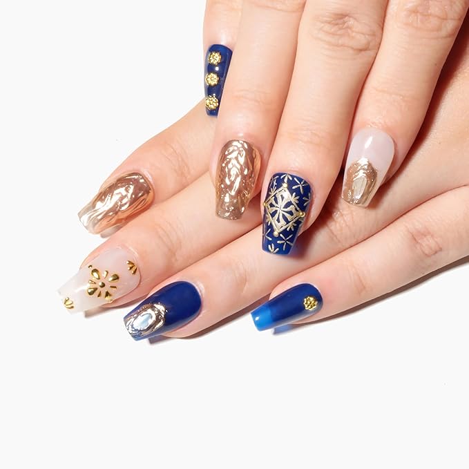 Sun&Beam Nails Handmade Press On Short Coffin Blue Golden Cross Bohemia Design Charming Cute False Nail Tips 10 Pcs (#102 M)