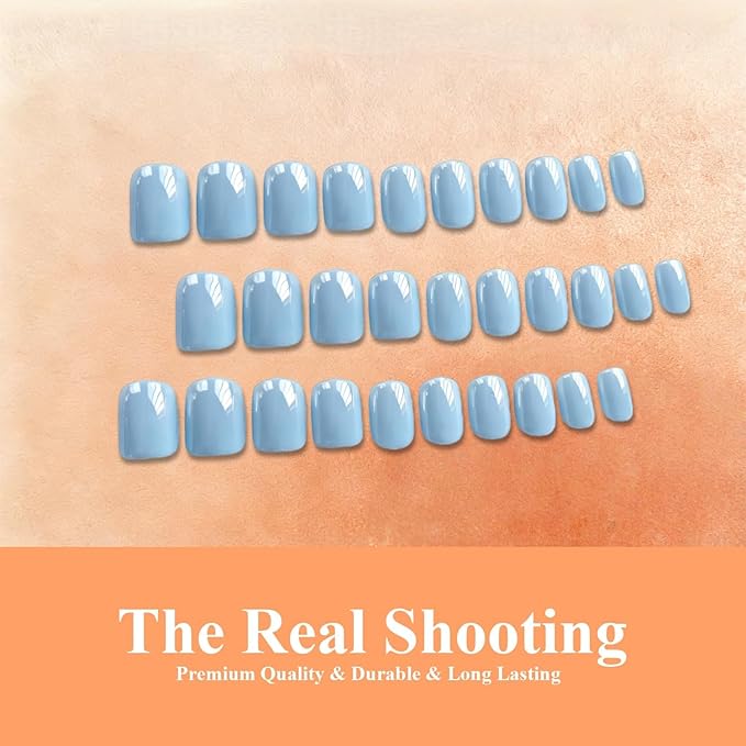Chrome Sky Blue Press on Nails Short Square, Glazed Short Fake Nails with Sparkle Mirror Design, Shiny Glitter Glue on Nails with Glue, Cute Gel Nail Press ons for Fingernail 30 Pcs