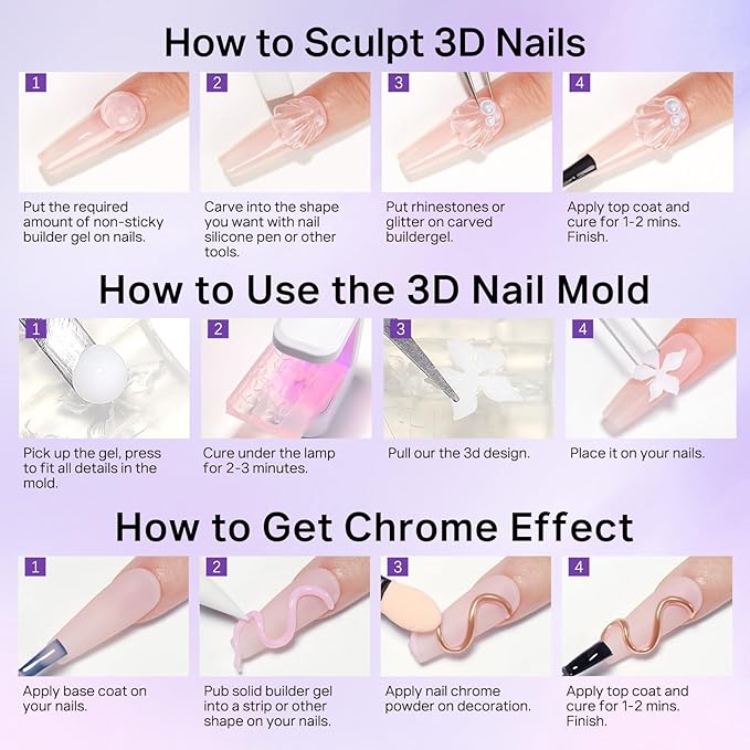 MIZHSE Solid Builder Gel for Nails, Non-Sticky Clear White 3D Nail Art, Sculpting Building Hard Gel with Silicone Flower Mold for Carving Patterns Decoration Nail Art Manicure Home DIY