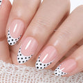 UNA GELLA 32Pcs Soft Gel Press on Nails - 16 Sizes Polka Dot French Tip Almond Glue on Nails, Reusable Nude False Nails with Black Dots, Full Cover Acrylic Nail Kit for Women DIY Home Manicure