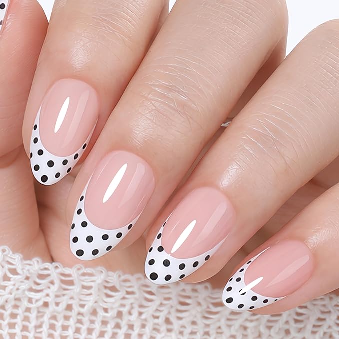 UNA GELLA 32Pcs Soft Gel Press on Nails - 16 Sizes Polka Dot French Tip Almond Glue on Nails, Reusable Nude False Nails with Black Dots, Full Cover Acrylic Nail Kit for Women DIY Home Manicure