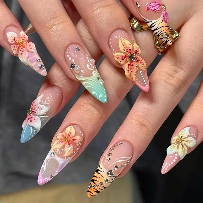 Flower Press on Nails Long Stiletto Fake Nails Press ons with Flower Rhinestone Leopard Print French Designs Acrylic Blue Pink French Glue on Nails for Women 24 Pcs