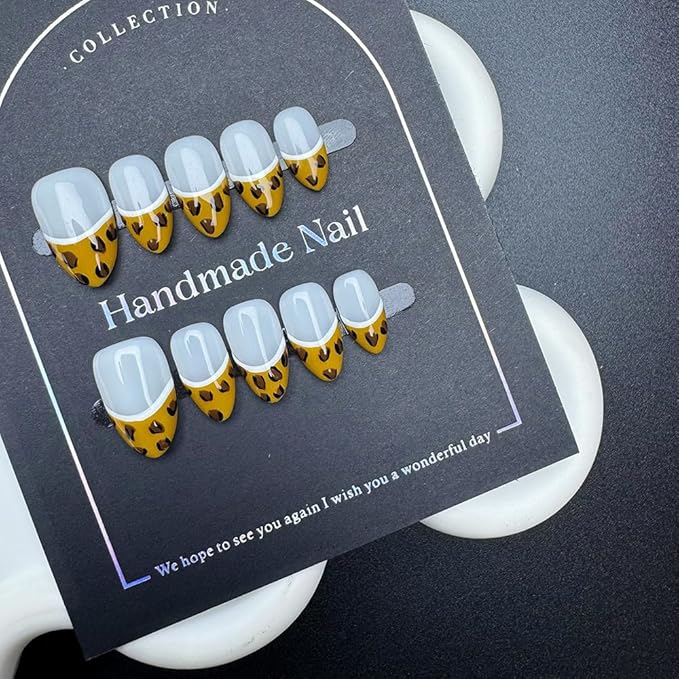 100% Handmade Press on Nails Medium Almond Handmade Nails with Leopard Print Design French Tip Fake Nails Glossy Skin Tones Nail Press ons Reusable Spring Summer Acrylic Nails for Women Size M 10Pcs
