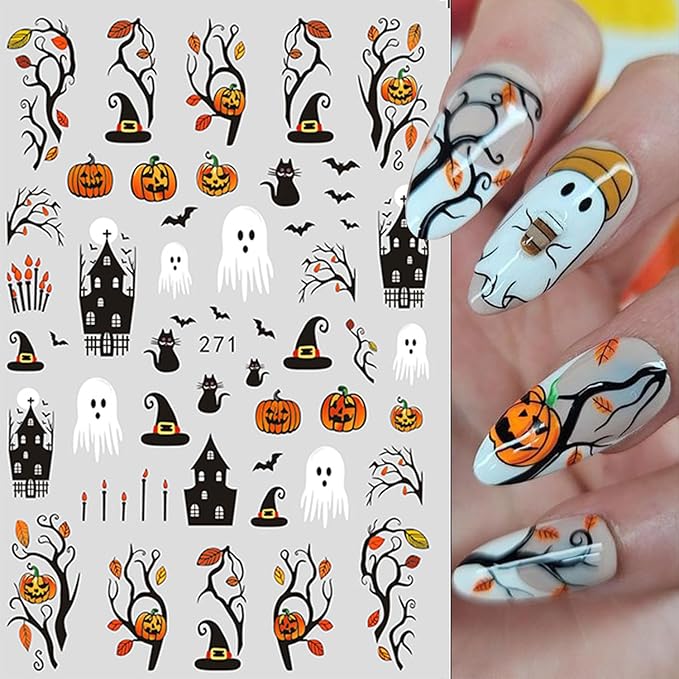 Halloween Nail Stickers for Nail Art Cute Ghost Pumpkin Bat Scary Anime 3D Self-Adhesive Nail Decals Nail Art Supplies Nails Design Manicure Stickers for Nails Decoration 6Sheets