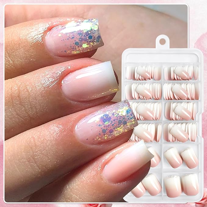 AddFavor 240pc Ombre Press on Nails Short Square Fake Nails - Glue on Nails Square Acrylic Nails Press ons Nail Tips Short Stick on Nails with Nail Glue and Adhesive Tabs for Women
