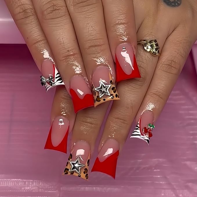 Red French Tip Glue On Nails Leopard Print 24Pcs Glossy Reusable Artificial Acrylic Full Cover False Nails