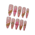 Pink Leopard French Tip Press on Nails with 3D Floral Carving & Cross Gold Beads, Long Stiletto Glossy Y2K Fake Nails, Reusable Edgy False Nails for Women Festival Concert Party (Size M) ﻿