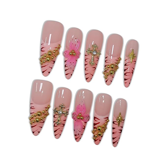 Pink Leopard French Tip Press on Nails with 3D Floral Carving & Cross Gold Beads, Long Stiletto Glossy Y2K Fake Nails, Reusable Edgy False Nails for Women Festival Concert Party (Size S) ﻿