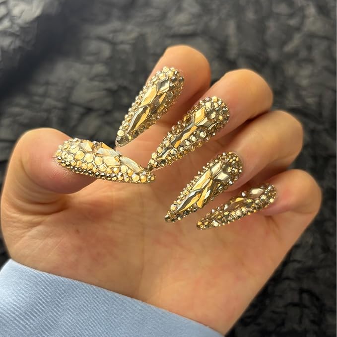 Trendy Handmade Press On Nails Long Stiletto Shape,10Pcs Bling Bling Acrylic Fake Nails with 3D Rhine Stone Luxury Design Stick On Nail for Woman Gift