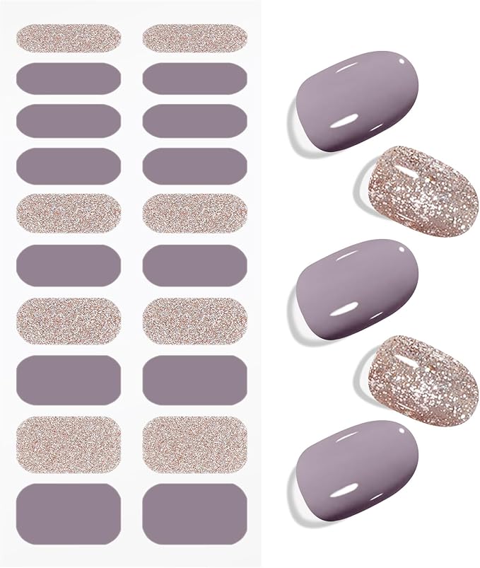 JMEOWIO Gel Nail Stickers Purple Gray Glitter Semi Cured Gel Nail Strips Wraps UV/LED Nails Art Design Decoration Accessories
