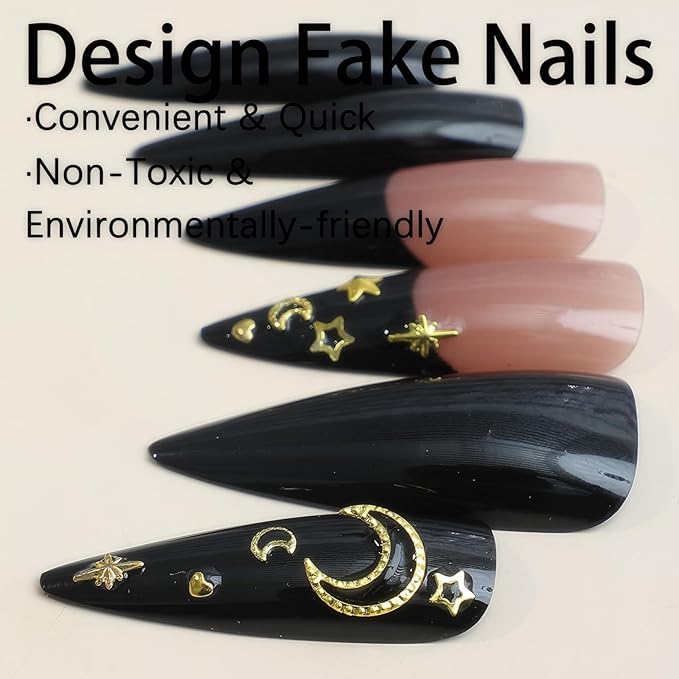 xl French Tip Press on Nails Long Stiletto Shape False Nails Press Ons Gold Moon&Stars Design Fake Nails Black Stick on Nail Full Cover Acrylic Artificial Nail Gift for Womens 24pcs