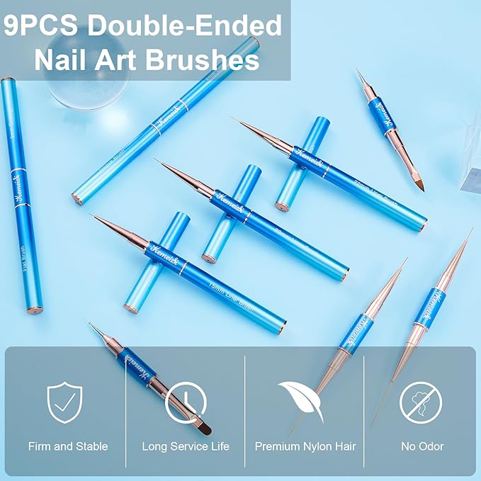 Nail Art Brush Set, 9PCS Double-Ended Acrylic Liner Brush Dotting Pen for Gel Polish, Nail Design Tools for Professional Manicure DIY Home Salon