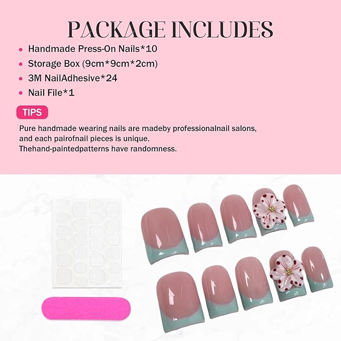 3D Flower Press on Nails Short Square Fake Nails Thick and Multi-Layer Gel Handmade Press On Nails Green French Tip False Nails with Designs Luxury Stick on Nail for Women Manicure (Size M)