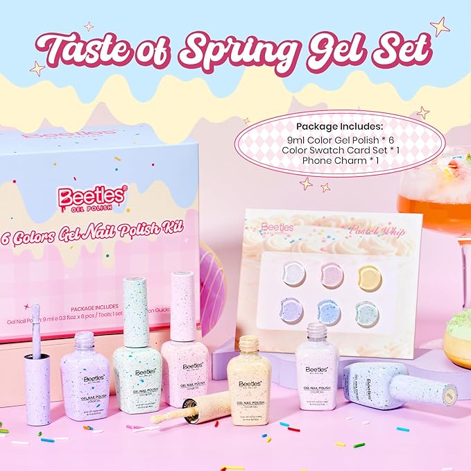 Beetles Easter Gel Nail Polish Set, Pastel Whip 6 Colors Taste of Spring Macaron Shimmer Glitter Gel Polish Kit Spring Pink Yellow green Soft Creamy Soak Off UV LED DIY Gel Nail Art Gifts for Women