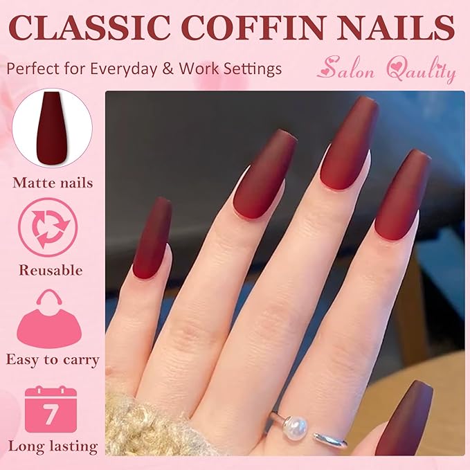 AddFavor Press on Nails Long Coffin Fake Nails, 576pcs 24 Colors Coffin Press on Nails Full Cover Acrylic Nail Press ons, Matte False Nail Tips for Women Glue on Nail
