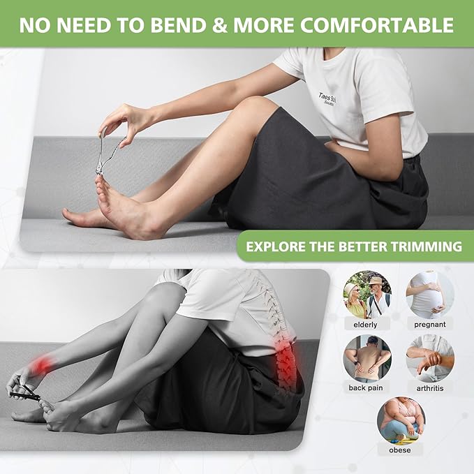 BALUCA Ergonomic Nail Clipper for Seniors - Toenail Clipper for Thick Toenails and Fingernails, Long Handle Nail Clippers with Catcher (Silver, Long Handle)
