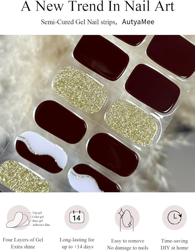 Semi Cured Gel Nail Strips (Coffee Brown), Gold Glitter Line, 20 Pcs Gel Nail Wraps, Stickers, Salon Quality, Long Lasting, Works with Any UV Lamps
