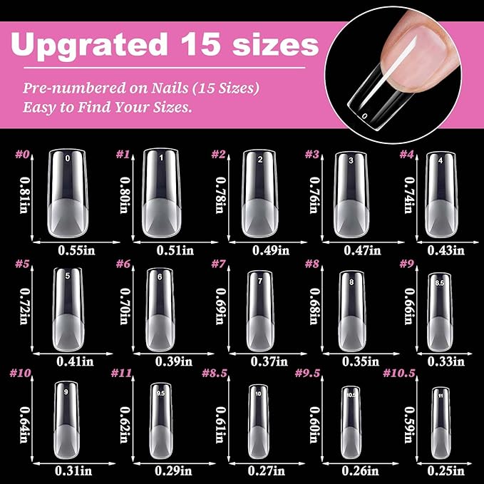 300pc Long Square Nail Tips Square Fake Nails Tips Long Acrylic Nails Tips Clear Press on Nails Soft Gel Nail Tips Full Cover False Nails Artificial Fingernail for Gel Nail Extensions
