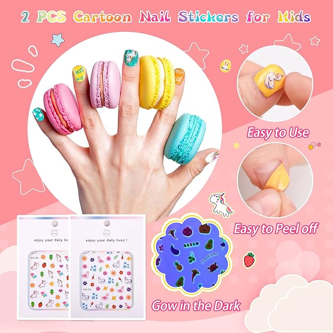 wakaniya Kids Nail Polish Set for Girls - 12 Candy Colors Safe Toddler Nail Kit with Nail Stickers, Water Based NonToxic Peel Off Quick Dry Nail Polish for Girls