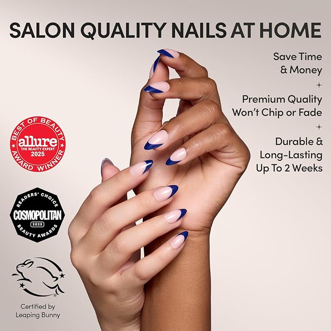 Glamnetic Press On Nails - French Riviera | Semi-Transparent Navy Dark Blue French Tip Short Almond Fake Nails in a Glossy Finish, Salon Quality | 15 Sizes - 30 Nail Kit