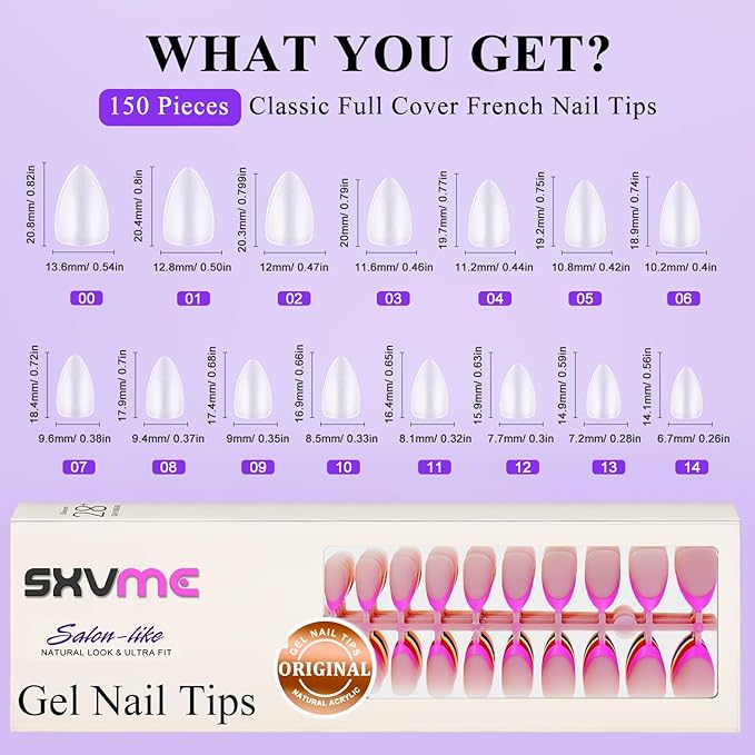 Gel French Tip Nails Short Almond French Tip Press on Nails SXVME White French Nail Tips 150Pcs Pre-applied Tip Primer Natural Skin Tones Fake Nails Extensions Gel Nail Kit for Women Girls DIY