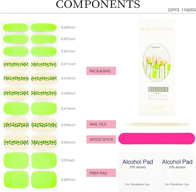 Semi Cured Gel Nail Strips Fluorescent Yellow Gel Nail Stickers with UV/LED Required Long Lasting Gel Nail Strips Includes 22 Strips 2 Prep Pads, Nail File & Wooden Stick