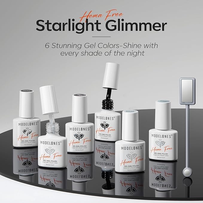modelones Gel Nail Polish 6 Colors Black White Silver Gray Cat Eye Glitter Shimmer Magnetic Hema& TPO Free Gel Polish Kit Soak Off UV LED DIY Winter Nail Art Manicure Salon Home Gifts for Women Girls