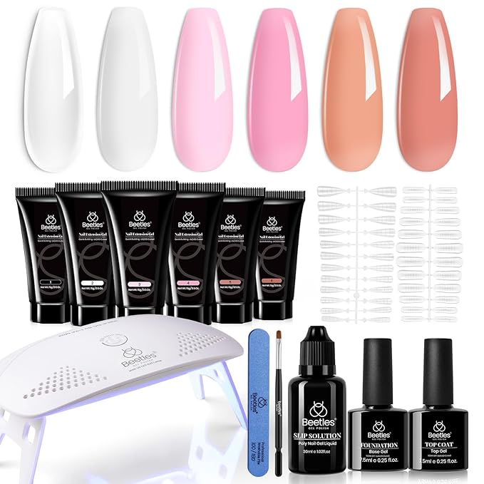 Beetles Gel Polish Poly Nail Gel Nail Kit - 6 Colors Poly Nails Extension Gel with Mini Led Lamp Kit ,Spring Nude Clear Pink All In One Starter Kit Builder Jelly Manicure Enhancement Women Gifts