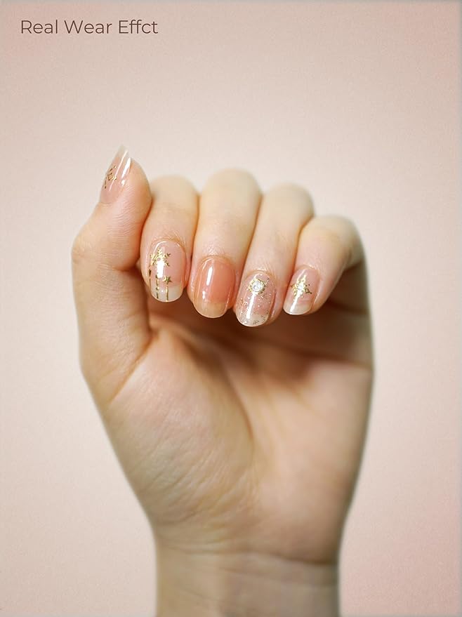 Real Gel Nail Strips (No UV Light Needed) - 44Pcs Salon Quality Nail Stickers - Long Lasting Polish Wraps for Women, Easy Apply & Remove (Cosmic Shimmer Nude)