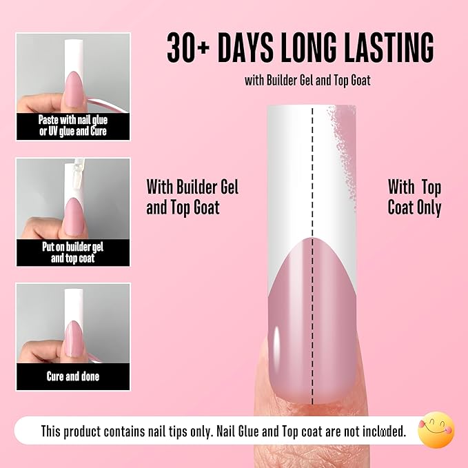NOVO OVO Halloween XXL Sharp Square Slight Curved Nail Tips French Tip BERRY PINK, Full Cover Press on Acrylic, Extra Thick Soft Gel False Nail, NEED Builder Gel Top Coat Glue x 15 Sizes 150 pcs