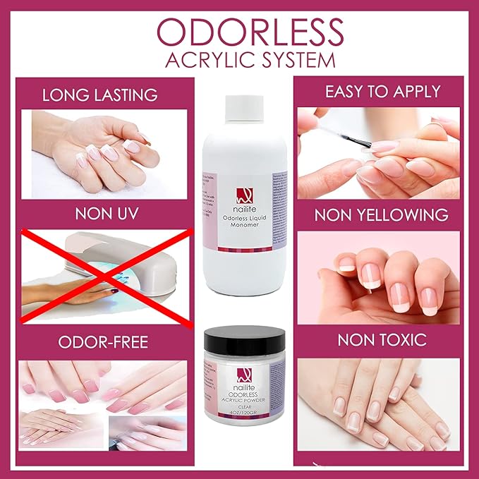 Odorless Liquid Monomer + Clear Acrylic Powder - Professional System for Nail Extension, Non-Yellowing Effect and EMA Formula – Kit 8 Oz.