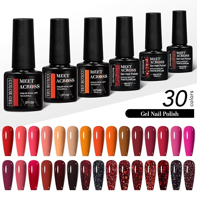 MEET ACROSS 30 PCS Red Gel Nail Polish Set, Burgundy Gel Kit Glitter Nail Polish Soak Off Rose Dark Red Shimmer DIY Home Salon Manicure Gifts for Women Girls