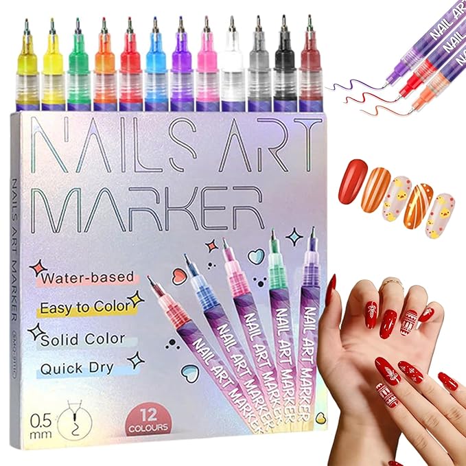 12 Colors Nail Art Pens Set, 2026 Upgraded Nail Art Markers, Fine Tip Nail Art Pen 0.5mm, Portable Nail Art Tools for Dotting Drawing Painting Liner DIY (12pcs)