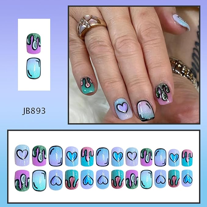 Square Press on Nails Short Fake Nails with Designs Colorful Heart Stick on Nail Black Lines Acrylic False Nail French Glossy Artificial Nail Full Cover Glue on Nails for Women