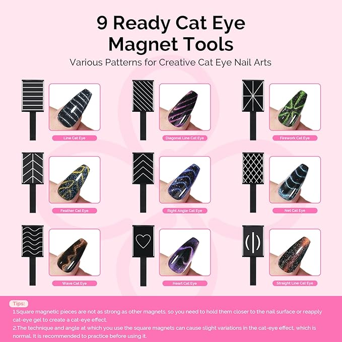 MelodySusie Nail Magnet Set, 16PCS Cat Eye Gel Nail Polish Magnets, Round Square Double Ended Magnet Stick, Cat Eye Magnet for Nails, Strong Magnetic Nail Polish Magnets Nail Design Tools