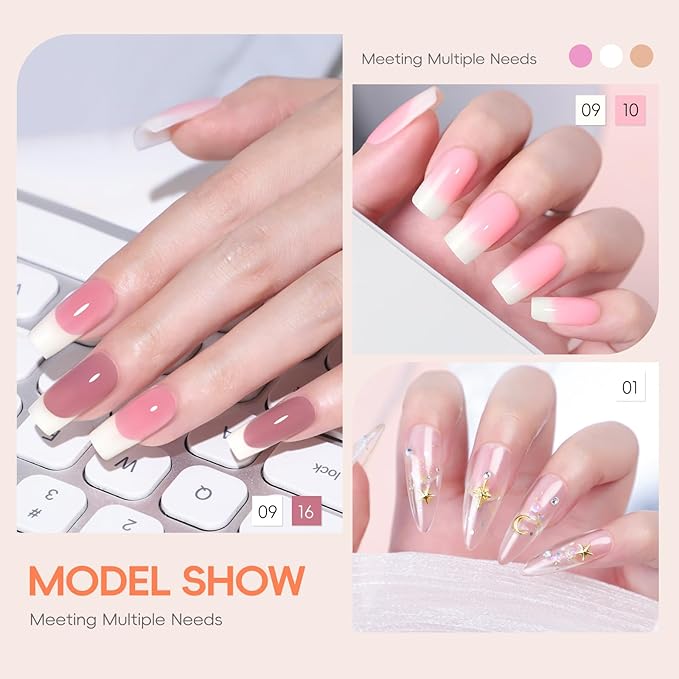 PEACECOLOR 24Pcs Poly Nail Gel Kit with U V light 6 Colors Clear Pink Nude Poly Nail Extension Gel with Glossy/Matte Top Coat Nail Rhinestones Starter Kit DIY Home Gifts for Women