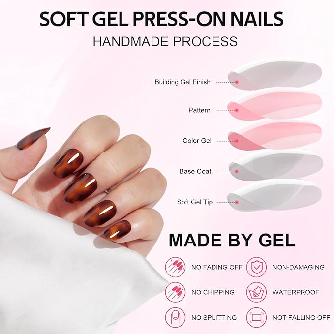 Press on Nails - Findigit Press on Nail Short, Natural Reusable Stick On Nails,Supremely Fit Soft Gel Fake Nail in 16 Sizes - 32 PCS Glue On Nail Kit, Amber