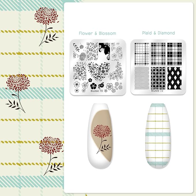 Biutee Nail Stamping Kit 12Pcs Nail Art Stamp Plates 8 Colors Stamping Polish Gel Silicone Stamper Scraper with Storage Bag, Nail Stamping Plate Lace Star Rose Plaid TemplateHoliday Design Gift
