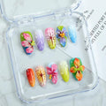 Handmade Press on Nails Medium Almond - 3D Luxury Colorful Flower Press on Nails Designs Thick Acrylic and Muti-Layer Gel False Nails Full Cover Gradient Fake Nails Stick on Nails for Women (Size M)