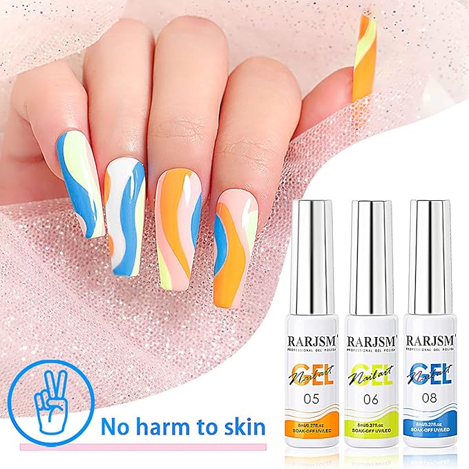 RARJSM Nail Art Gel Liner 12 Color Painted Gel Nail Polish Set and 6pcs Nail Brushes Set with Pen Holder Dotting Painting Design Tools