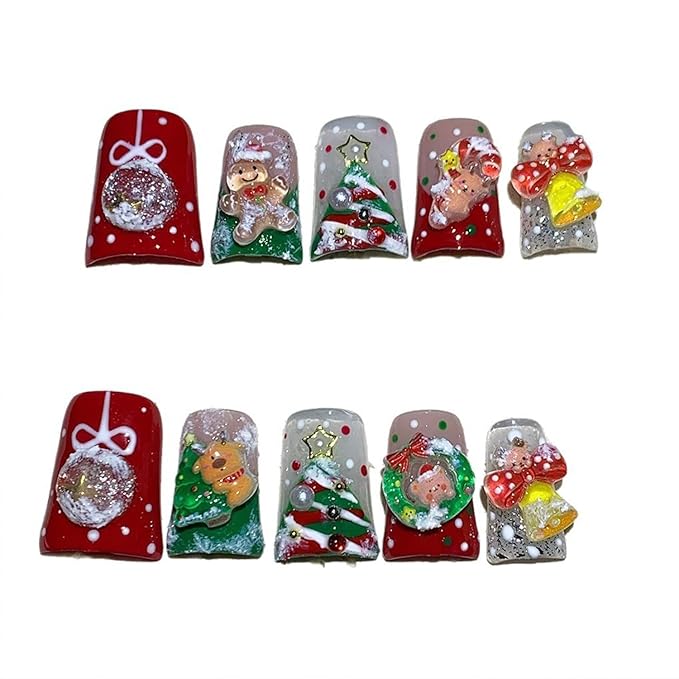 10 Pcs Christmas Press on Nails Luxury Medium Duck Handmade Nails Press Ons Full Cover Glossy Red False Nails Reusable Acrylic Cute Xmas Tree Reindeer Designs Stick on Nail for Women（S）