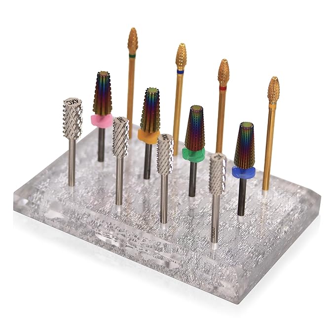PANA Rectangle Transparent Acrylic Nail Drill Bit Holder Display Organizer Stand - Carbide Bit Storage Mount For Manicure Tools Nail Salon - 12 Holes Silver (Drill Bits Not Included)