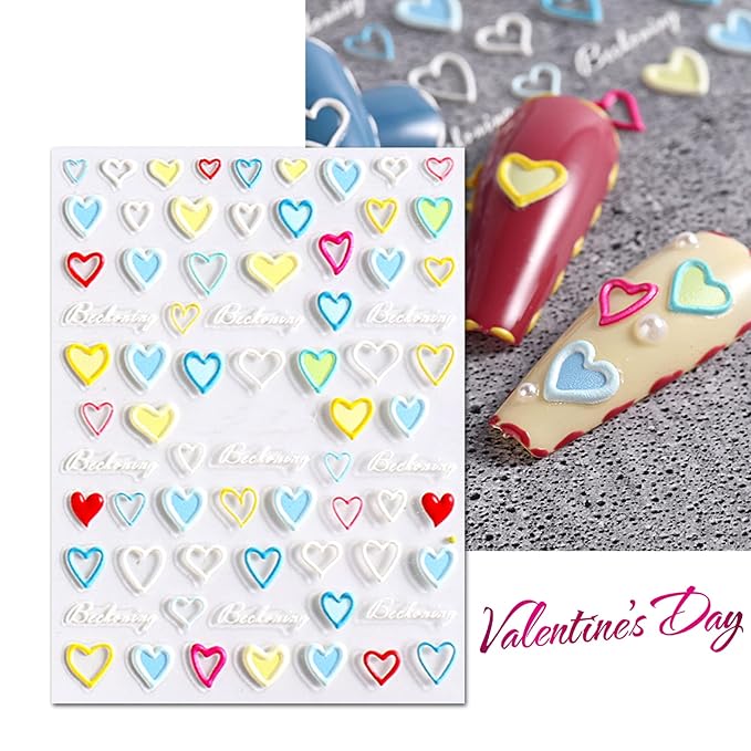 4 Sheets Valentine's Day Nail Art Sticker Decals, 5D Heart Embossed Self-Adhesive Nail Art Decoration Supplies Accessories for Women Girl