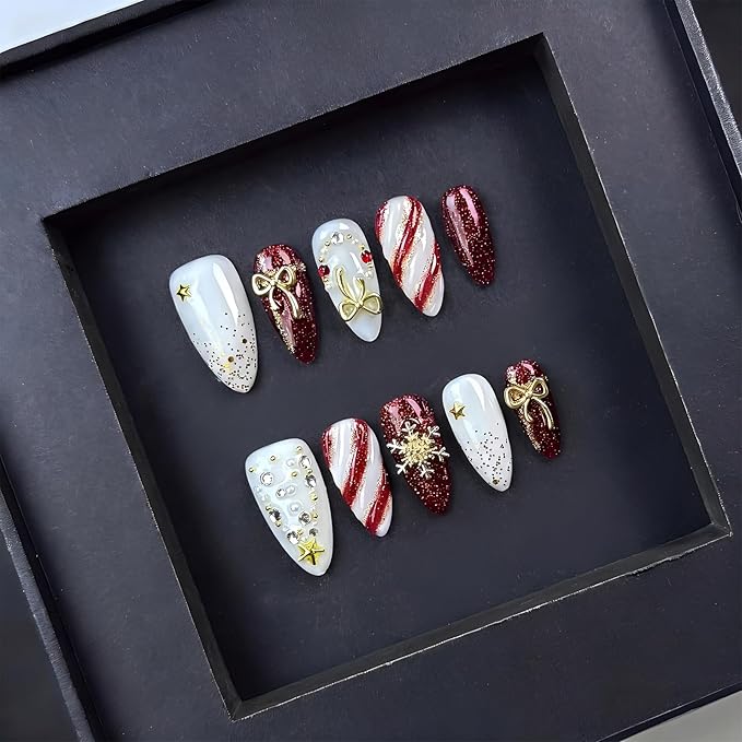 10Pcs Christmas Press on Nails Handmade Almond Fake Nails with 3D Bow Snowflake Rhinestone Design Red White Stripe Christmas Nails Acrylic Nails Press ons Handmade Xmas Glue on Nail for Women (S)