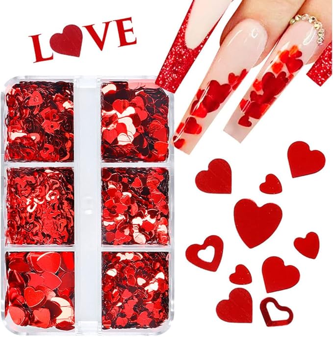 3D Nail Art Heart Red Sequin Valentine's Day Holographic Laser Romantic Stickers Nail Art Glitter Decoration Decals for Woman Girl 6 Grids