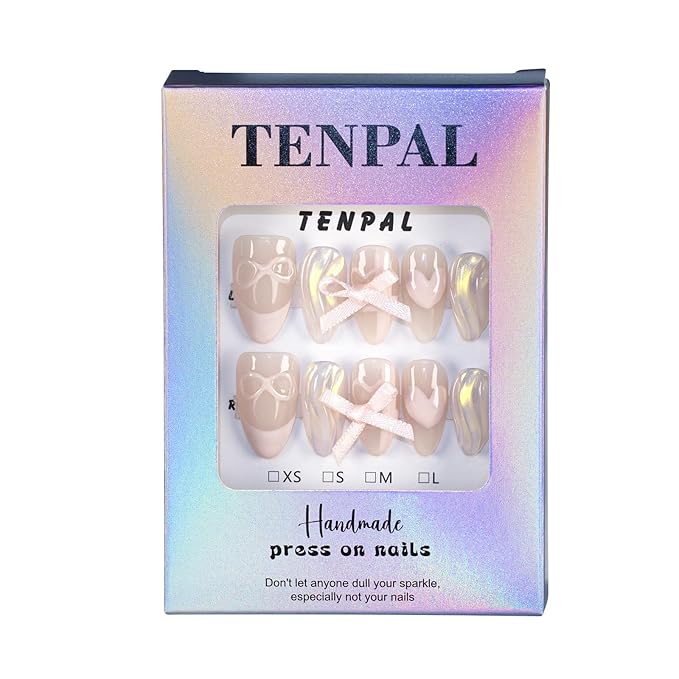 Lovely Sweet Cute Pink Nails Aurora Glitter French Tip Press On Nails Short Almond Soft Gel Fake Nails With Sparkling Waves 3D Bow Ties 10pcs/Box Acrylic Stick on Nails For Women Girls(M)