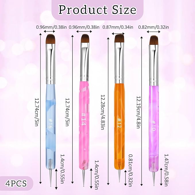 4pcs French Gel Acrylic Nail Art Brush Mixed Color Two Way Nail Art Brush with Dotting Professional Manicure Tool for Manicure Cuticle Clean up Detailed Designs Nail Dotting Pen (10#, 12#, 14#, 16#)