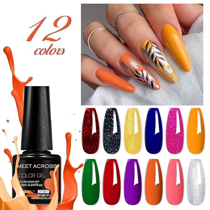 MEET ACROSS 12pcs Gel Nail Polish Set,Soak Off UV LED Lamp Gel Nail Polish Kit,Fashion Shimmer Nail Art Design Gifts for Women Manicure Salon (Base Series)