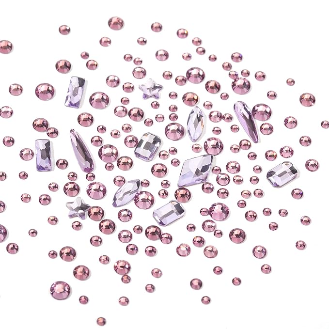 Nail Rhinestones Kit 9080PCS Flatback Rhinestones for Nail Crystals Decoration Nail Hearts Multi Shapes Mix Size and Metal Beads Pearl Gold Silver with glue gel and Pen brush tweezers(Light Purple)