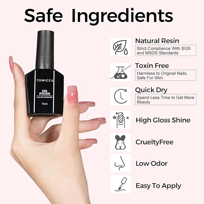 TOMICCA Jelly Gel Nail Polish, 15ml Light Red Jelly Nails Gel Polish, Soak Off UV Led for Cure, Strawberry Red Translucent Colors Long Lasting French Nail Art Manicure Salon For Woman